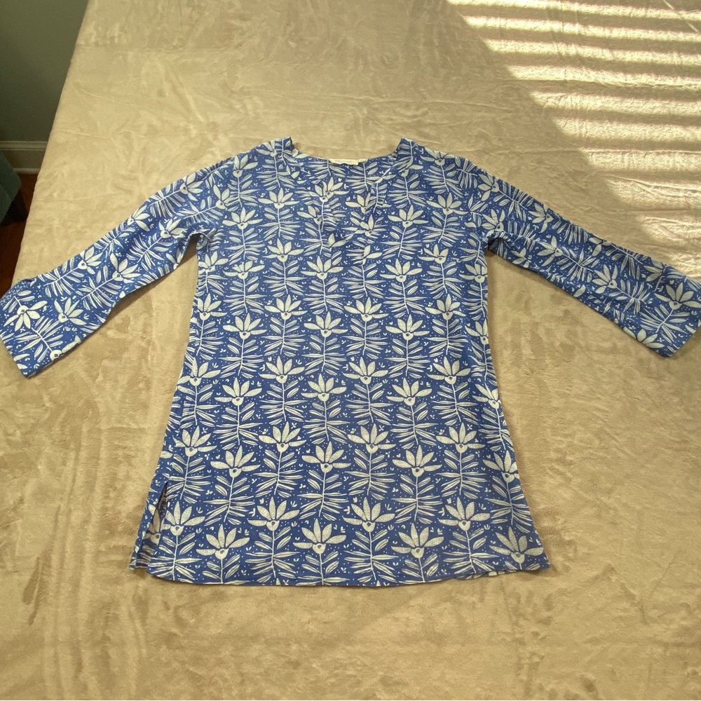 Bluthreads by Rockflower Paper Womens Small Cotton Blue & White 3/4 Sleeve Tunic